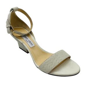 JIMMY CHOO ECRU WOVEN ANKLE STRAP SANDALS